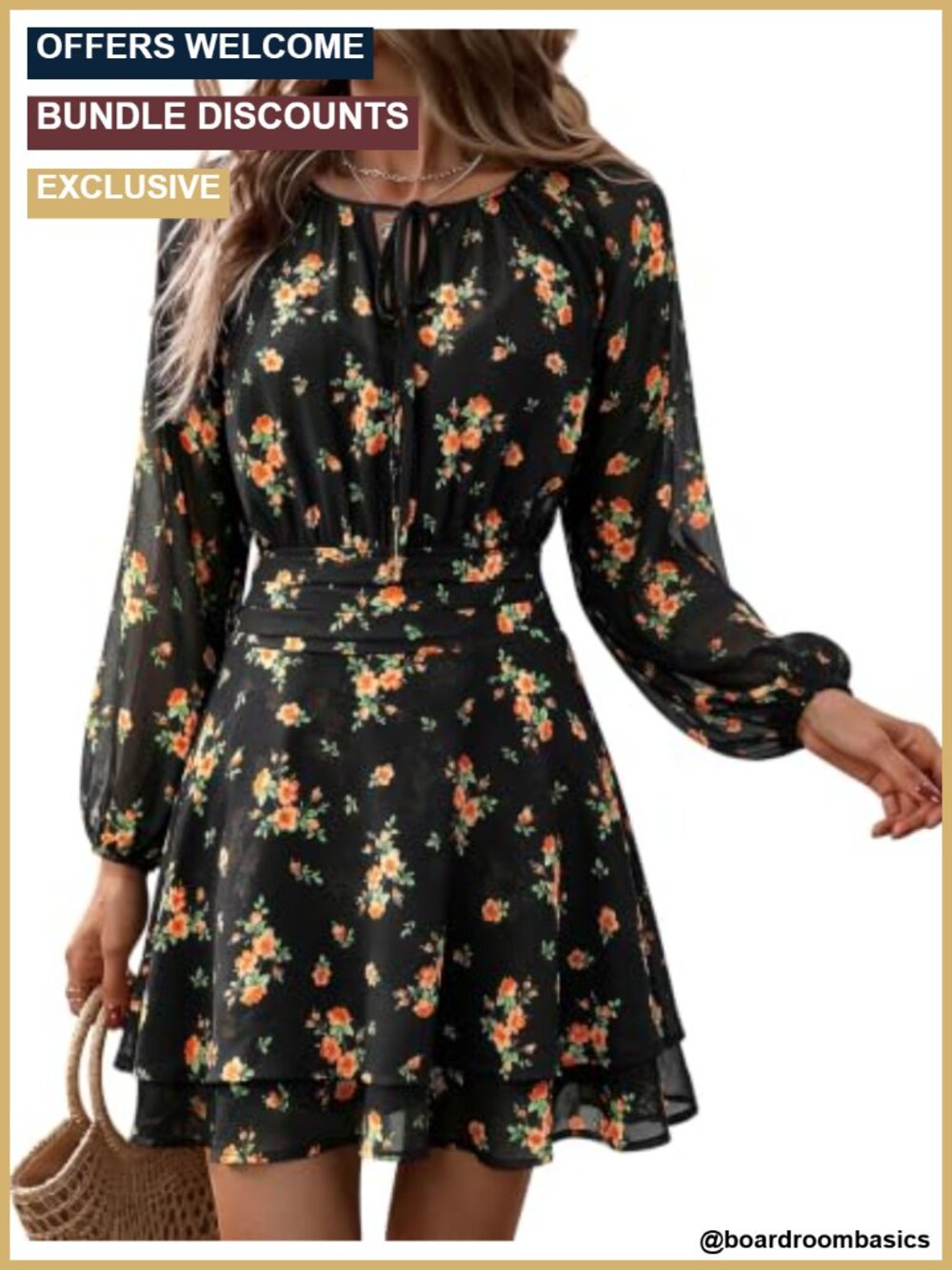 Flowy Chiffon Mini Dress Long Sleeve A-Line Wedding Guest